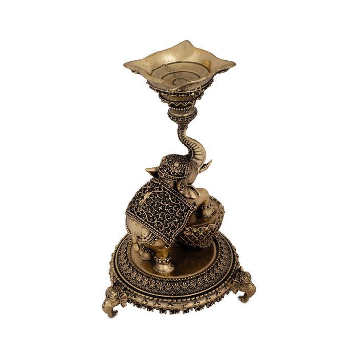 Elephant Deep With Chowki - 5.75 x 3.5 Inches | Antique Brass Vilakku/ Elephant Deep for Pooja