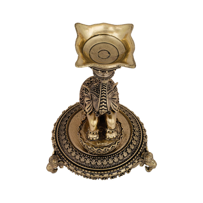 Elephant Deep With Chowki - 5.75 x 3.5 Inches | Antique Brass Vilakku/ Elephant Deep for Pooja