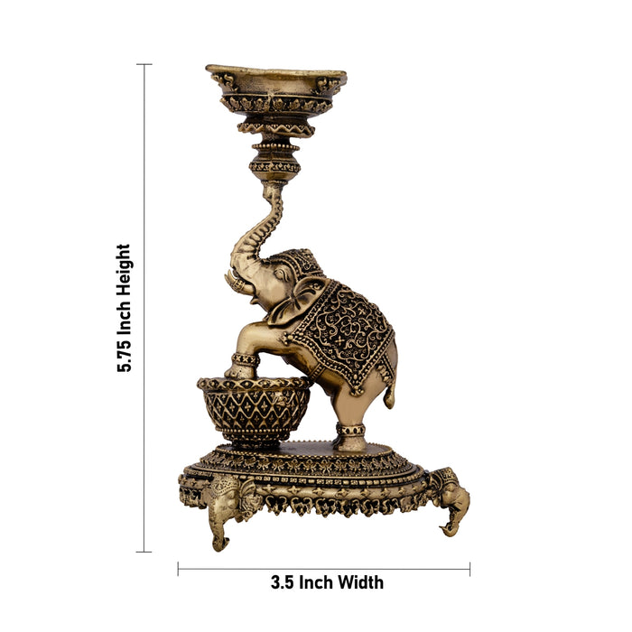Elephant Deep With Chowki - 5.75 x 3.5 Inches | Antique Brass Vilakku/ Elephant Deep for Pooja