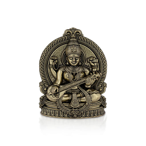 Saraswati sitting on Base Murti - 4x 2.75 inches | Antique Brass Idol / Vagdevi with arch Statue for pooja - Brass Murties