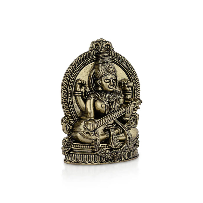 Saraswati sitting on Base Murti - 4x 2.75 inches | Antique Brass Idol / Vagdevi with arch Statue for pooja
