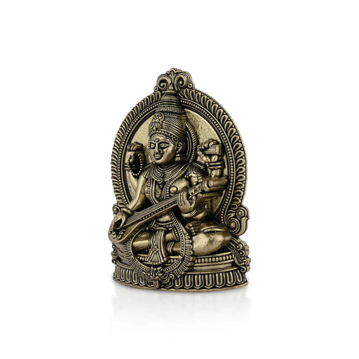 Saraswati sitting on Base Murti - 4x 2.75 inches | Antique Brass Idol / Vagdevi with arch Statue for pooja - Brass Murties