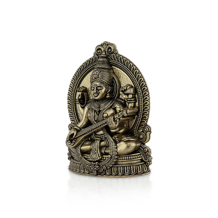 Saraswati sitting on Base Murti - 4x 2.75 inches | Antique Brass Idol / Vagdevi with arch Statue for pooja