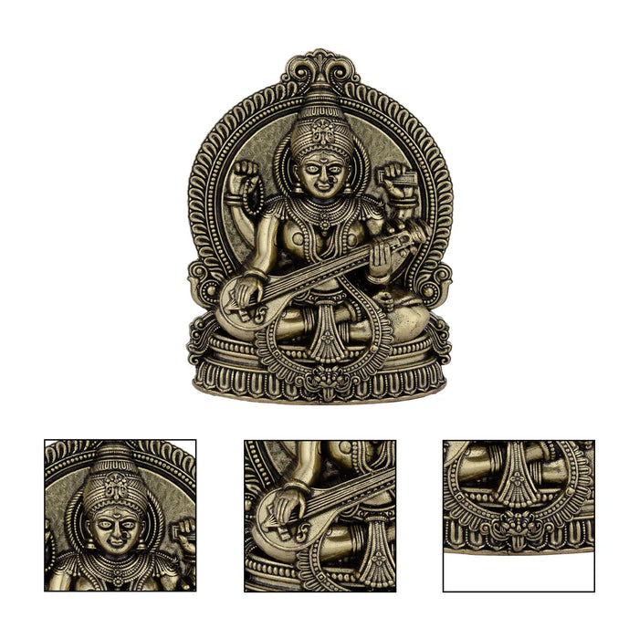 Saraswati sitting on Base Murti - 4x 2.75 inches | Antique Brass Idol / Vagdevi with arch Statue for pooja