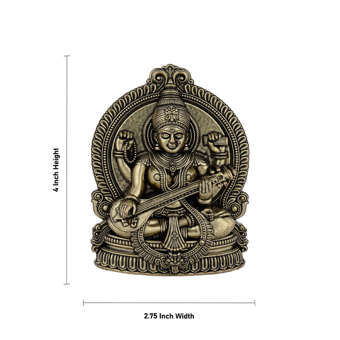 Saraswati sitting on Base Murti - 4x 2.75 inches | Antique Brass Idol / Vagdevi with arch Statue for pooja