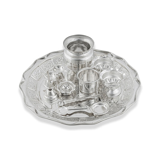 Pooja Thali Set | 11 Pcs/ White Metal Pooja Set/ Puja Thali Set for Home & Temple - Pooja Thali Sets