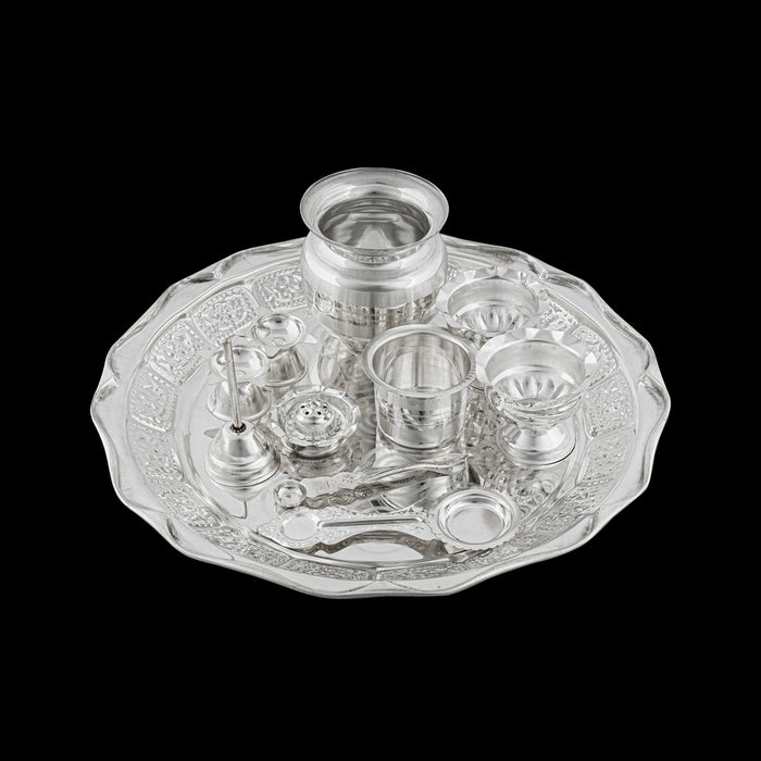 Pooja Thali Set | 11 Pcs/ White Metal Pooja Set/ Puja Thali Set for Home & Temple - Pooja Thali Sets