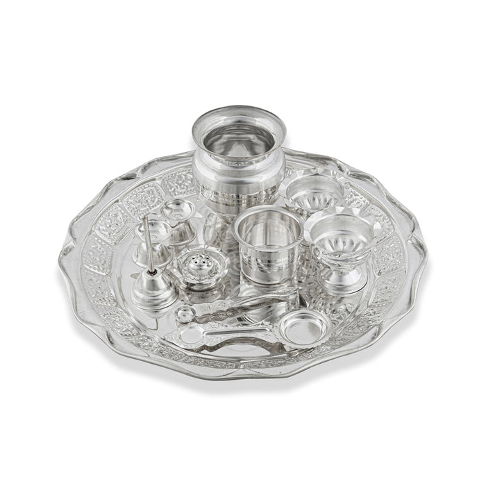 Pooja Thali Set | 11 Pcs/ White Metal Pooja Set/ Puja Thali Set for Home & Temple - Pooja Thali Sets