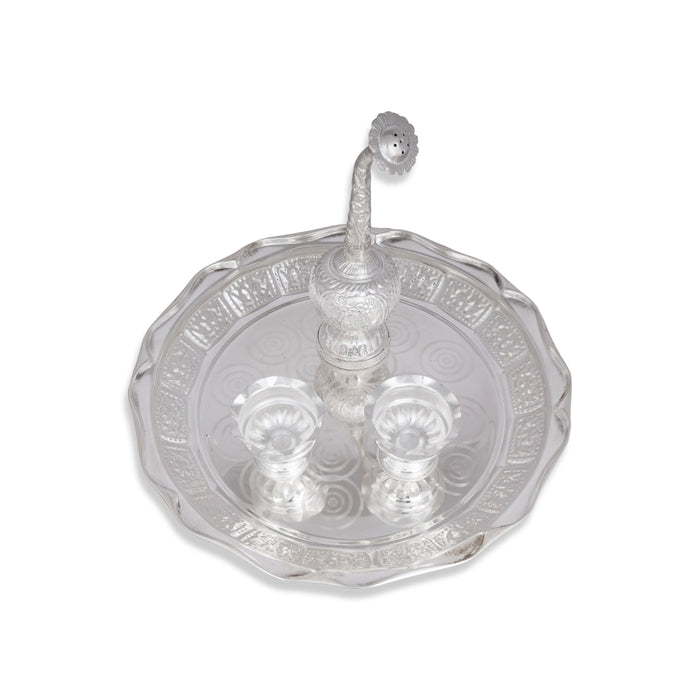 Pooja Thali Set | 4 Pcs/ White Metal Plate/ Kumkum Box/ Water Sprinkler/ Puja Thali Set for Home - Pooja Thali Sets