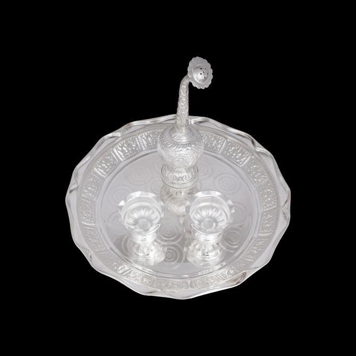 Pooja Thali Set | 4 Pcs/ White Metal Plate/ Kumkum Box/ Water Sprinkler/ Puja Thali Set for Home - Pooja Thali Sets