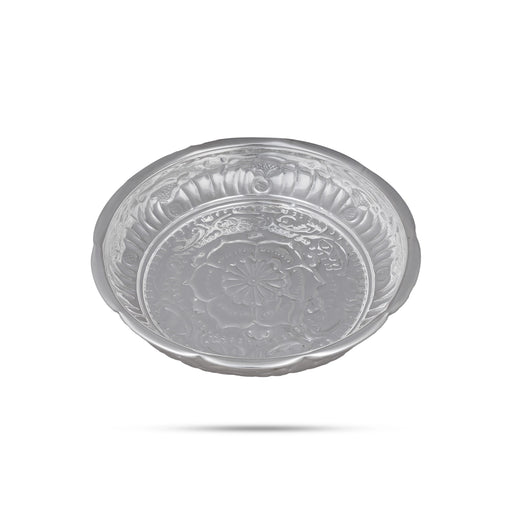 Pooja Plate With Leg - 2.75 X 8 Inches | White Metal Thali Plate/ Pooja Thali For Ritual Offerings And Temple - Pooja Plate & Tray