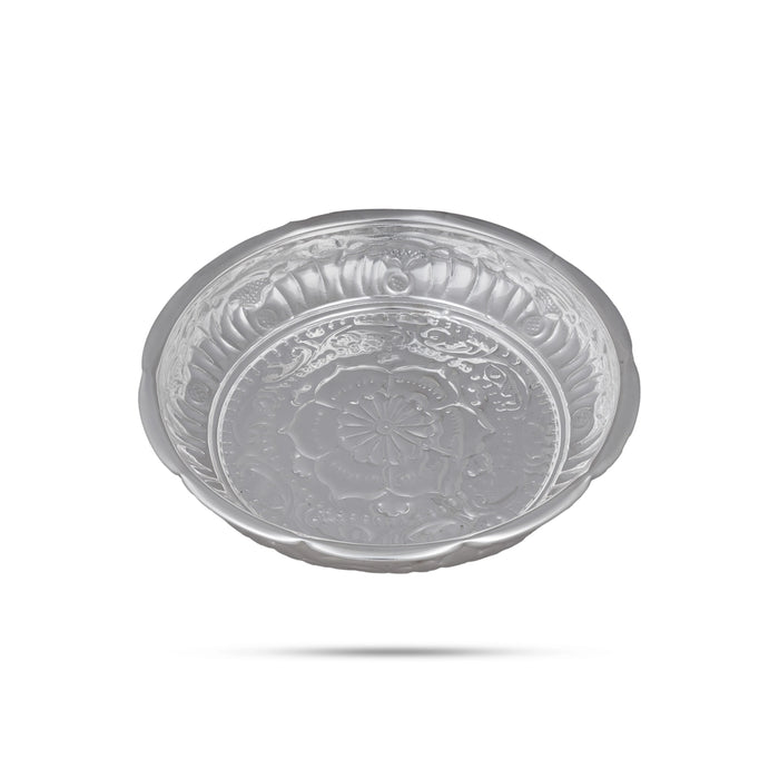 Pooja Plate With Leg - 2.75 X 8 Inches | White Metal Thali Plate/ Pooja Thali For Ritual Offerings And Temple - Pooja Plate & Tray