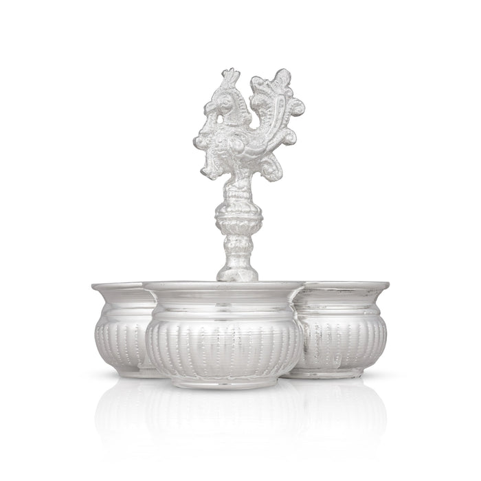 3 Cups Chomukha With Annam Handle - 5.5 x 4.5 Inches | German Silver Panchwala/ Kumkum Holder for Pooja/ 300 Gms - Bowls