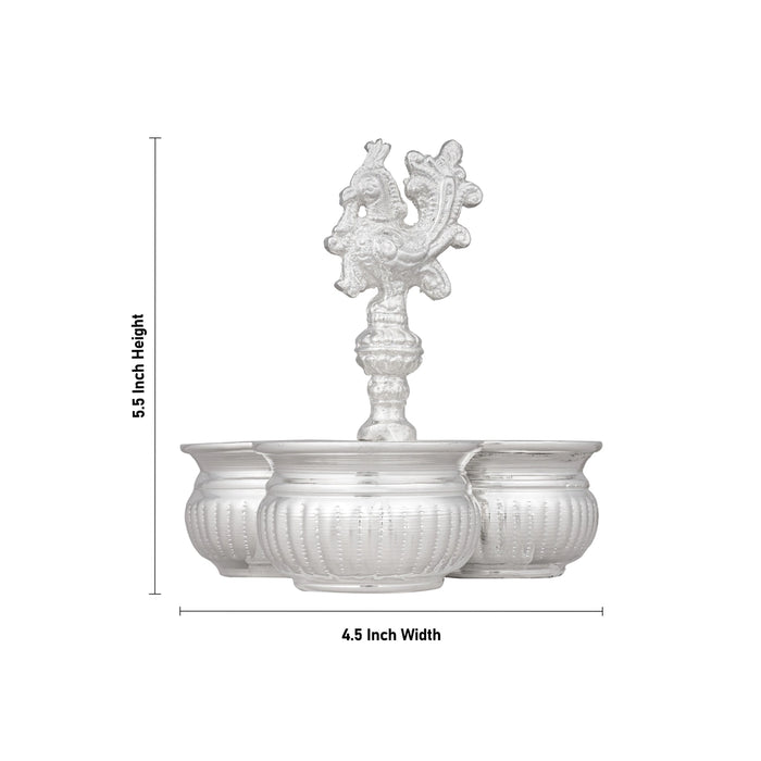 3 Cups Chomukha With Annam Handle - 5.5 x 4.5 Inches | German Silver Panchwala/ Kumkum Holder for Pooja/ 300 Gms - Bowls