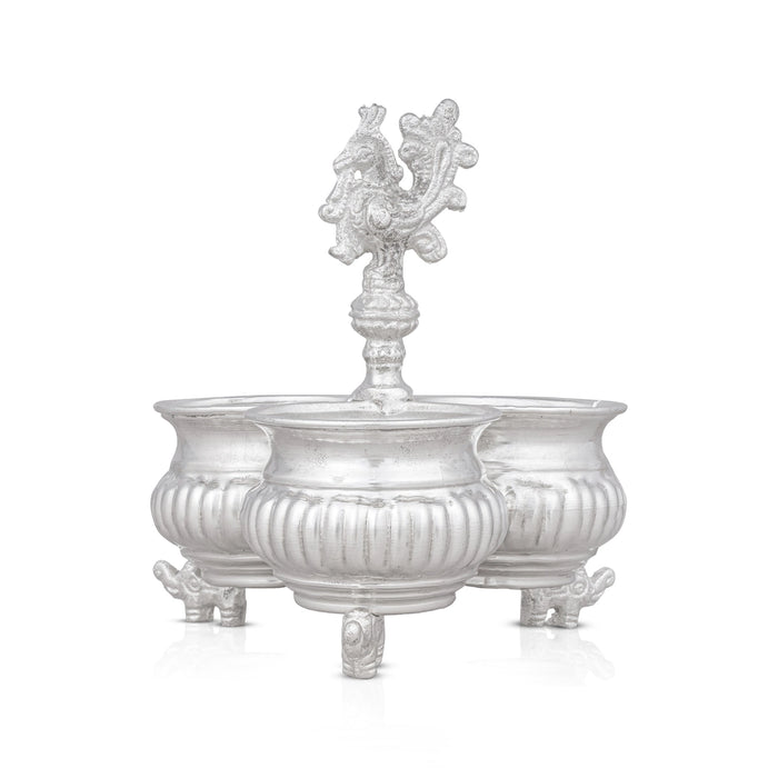 3 Cups Chomukha With Annam Handle - 6 x 5.5 Inches | German Silver Panchwala With Elephant Leg/ Kumkum Holder - Bowls