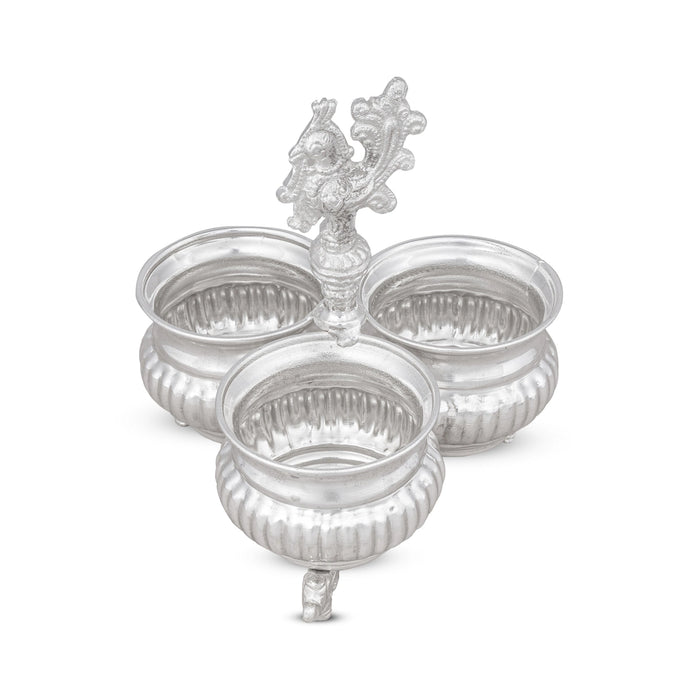 3 Cups Chomukha With Annam Handle - 6 x 5.5 Inches | German Silver Panchwala With Elephant Leg/ Kumkum Holder - Bowls