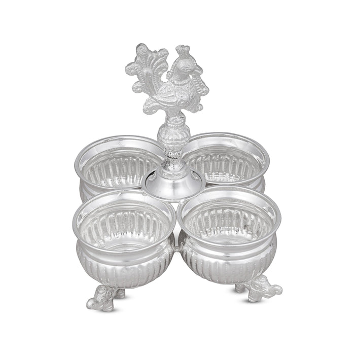 4 Cups Chomukha With Annam Handle - 6.5 x 4.5 Inches | German Silver Panchwala With Elephant Leg/ Kumkum Holder - Bowls