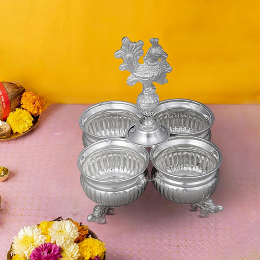 4 Cups Chomukha With Annam Handle - 6.5 x 4.5 Inches | German Silver Panchwala With Elephant Leg/ Kumkum Holder - Bowls