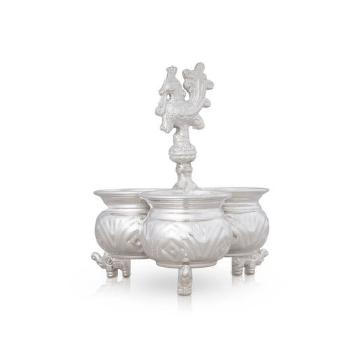 3 Cups Kumkum Box With Elephant Leg - 5.5 X 4.5 Inches | White Metal Kumkum Bharani With Annapakshi Handle for Home - Sindoor Box