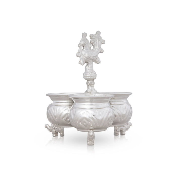 3 Cups Kumkum Box With Elephant Leg - 5.5 X 4.5 Inches | White Metal Kumkum Bharani With Annapakshi Handle for Home - Sindoor Box