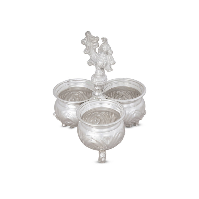 3 Cups Kumkum Box With Elephant Leg - 5.5 X 4.5 Inches | White Metal Kumkum Bharani With Annapakshi Handle for Home - Sindoor Box