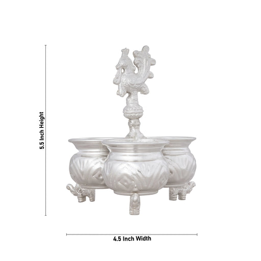 3 Cups Kumkum Box With Elephant Leg - 5.5 X 4.5 Inches | White Metal Kumkum Bharani With Annapakshi Handle for Home - Sindoor Box