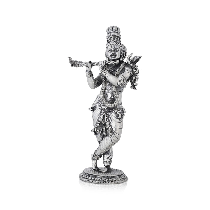 Flute Krishna Murti Standing On Base - 7.5 x 3.5 Inches | German Silver&Antique Polish Krishna Idol for Worship - German Silver Murties