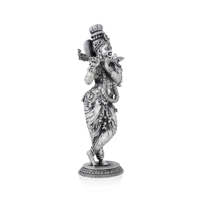Flute Krishna Murti Standing On Base - 7.5 x 3.5 Inches | German Silver&Antique Polish Krishna Idol for Worship - German Silver Murties