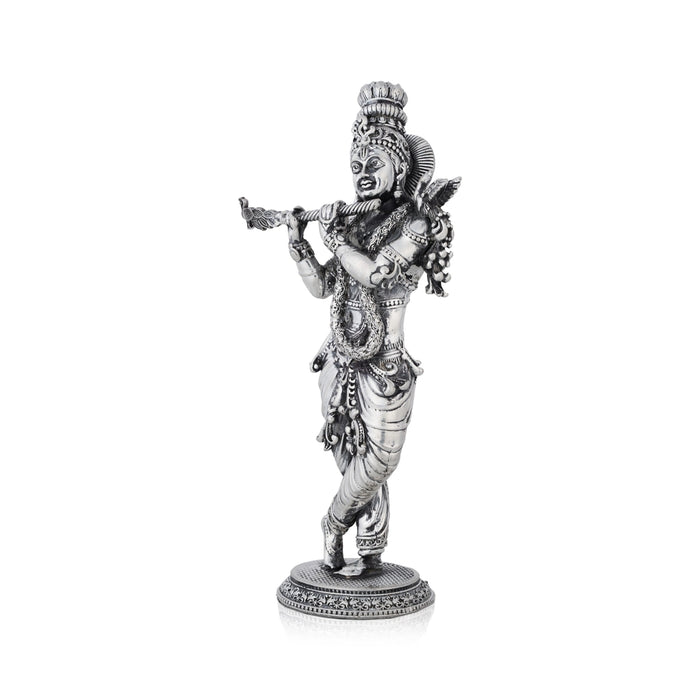 Flute Krishna Murti Standing On Base - 7.5 x 3.5 Inches | German Silver&Antique Polish Krishna Idol for Worship - German Silver Murties