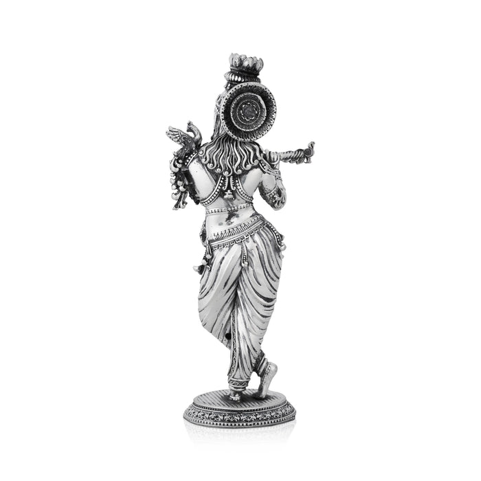 Flute Krishna Murti Standing On Base - 7.5 x 3.5 Inches | German Silver&Antique Polish Krishna Idol for Worship - German Silver Murties