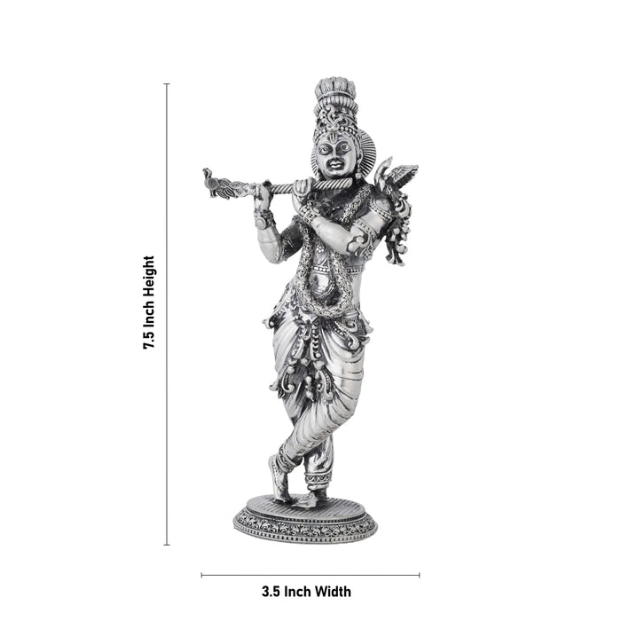 Flute Krishna Murti Standing On Base - 7.5 x 3.5 Inches | German Silver&Antique Polish Krishna Idol for Worship - German Silver Murties