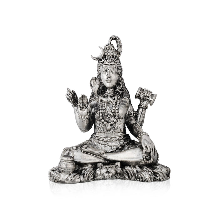 Shiva Statue Sitting On Base - 4 x 3 Inches | German Silver Shiv Murti/ Antique Polish Shiv Statue for Pooja - German Silver Murties