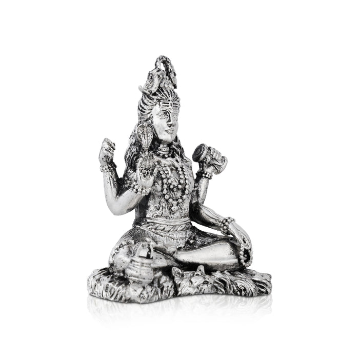Shiva Statue Sitting On Base - 4 x 3 Inches | German Silver Shiv Murti/ Antique Polish Shiv Statue for Pooja - German Silver Murties