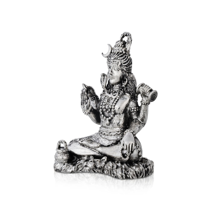 Shiva Statue Sitting On Base - 4 x 3 Inches | German Silver Shiv Murti/ Antique Polish Shiv Statue for Pooja - German Silver Murties