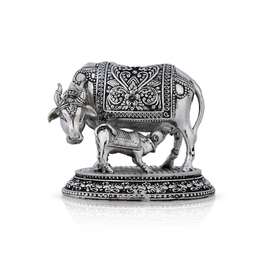 Cow With Calf Idol With Base - 3.5 x 4 Inches | German Silver & Antique Polish Cow Calf Statue for Prosperity - Table Stand Accessories