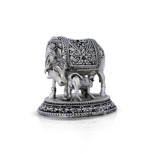 Cow With Calf Idol With Base - 3.5 x 4 Inches | German Silver & Antique Polish Cow Calf Statue for Prosperity - Table Stand Accessories