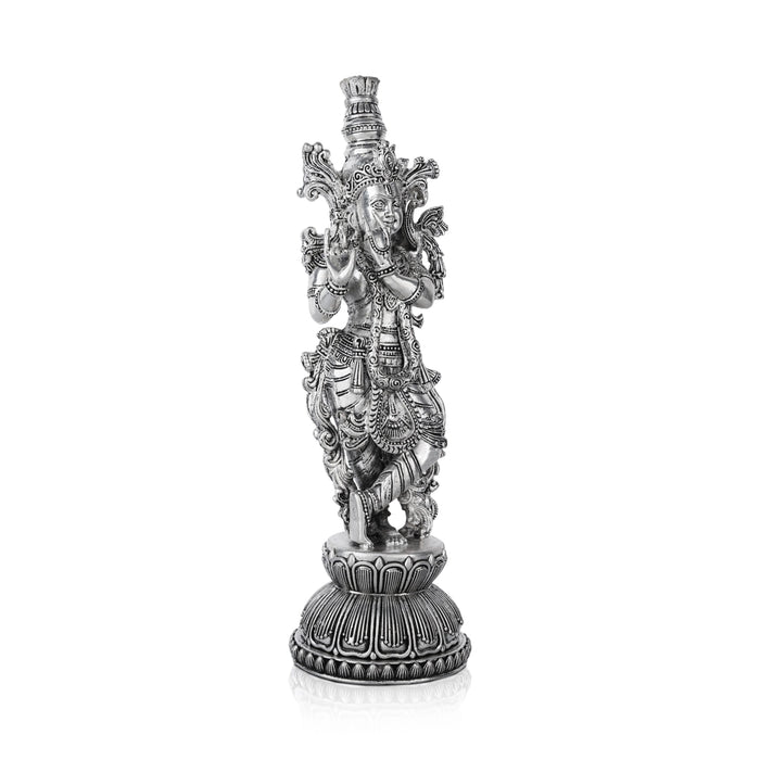 Krishna Murti Standing On Base - 11 x 3.5 Inches | German Silver&Antique Polish Krishna Idol for Worship - German Silver Murties