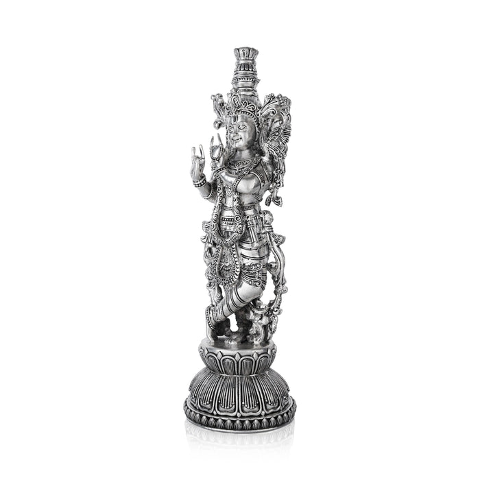 Krishna Murti Standing On Base - 11 x 3.5 Inches | German Silver&Antique Polish Krishna Idol for Worship - German Silver Murties