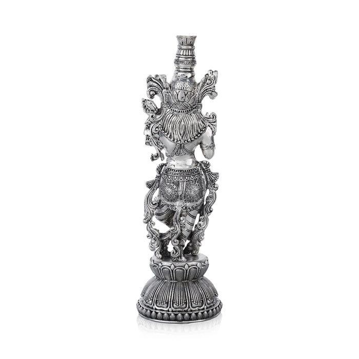 Krishna Murti Standing On Base - 11 x 3.5 Inches | German Silver&Antique Polish Krishna Idol for Worship - German Silver Murties