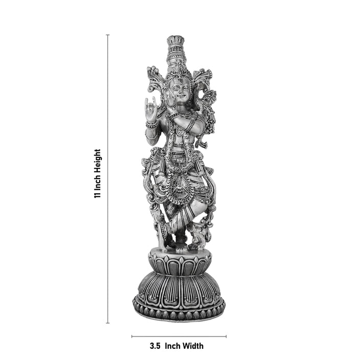 Krishna Murti Standing On Base - 11 x 3.5 Inches | German Silver&Antique Polish Krishna Idol for Worship - German Silver Murties