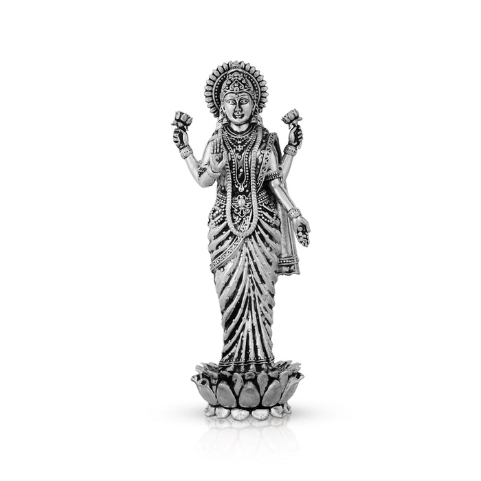 Lakshmi Idol Standing On Lotus Base - 7 x 2.5 Inches | German Silver & Antique Polish Laxmi Idol for Worship - German Silver Murties