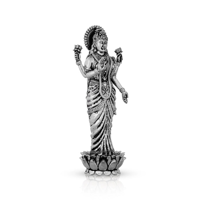 Lakshmi Idol Standing On Lotus Base - 7 x 2.5 Inches | German Silver & Antique Polish Laxmi Idol for Worship - German Silver Murties