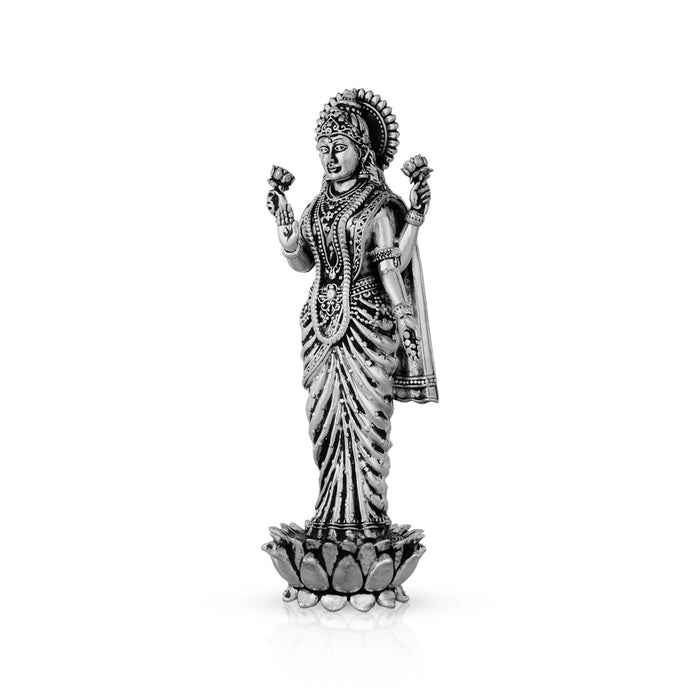 Lakshmi Idol Standing On Lotus Base - 7 x 2.5 Inches | German Silver & Antique Polish Laxmi Idol for Worship - German Silver Murties