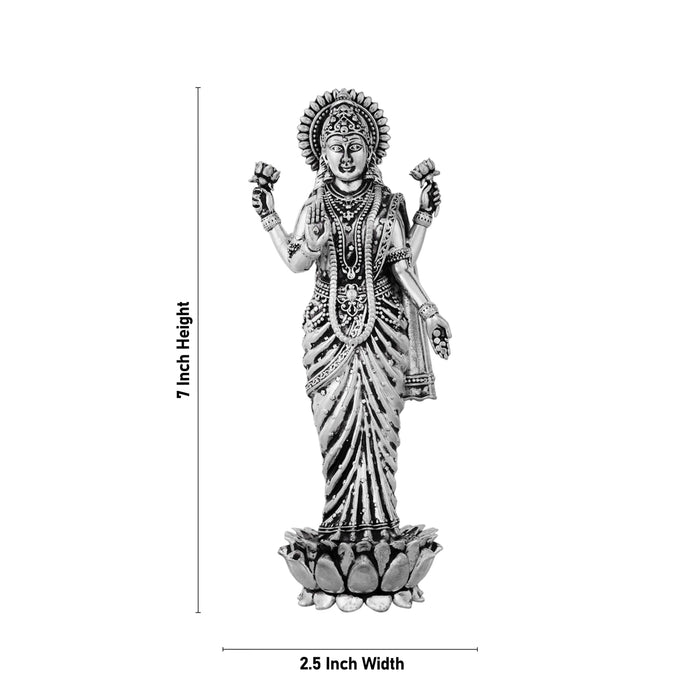 Lakshmi Idol Standing On Lotus Base - 7 x 2.5 Inches | German Silver & Antique Polish Laxmi Idol for Worship - German Silver Murties