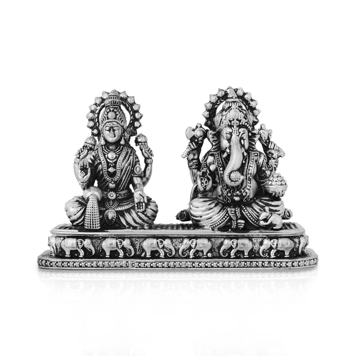 Lakshmi Murti & Ganesh Murti Sitting On Base - 3 x 4.25 Inches | German Silver Antique Polish Idol for Pooja - German Silver Murties