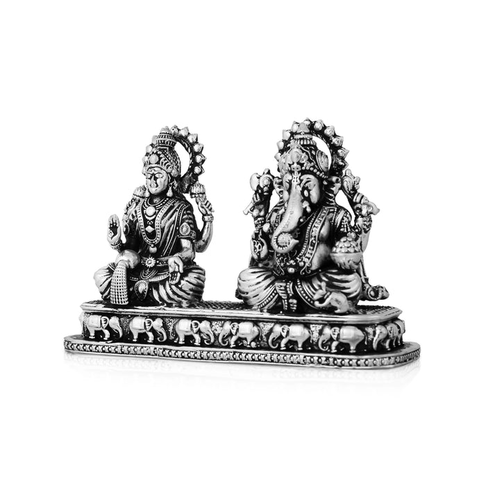 Lakshmi Murti & Ganesh Murti Sitting On Base - 3 x 4.25 Inches | German Silver Antique Polish Idol for Pooja - German Silver Murties