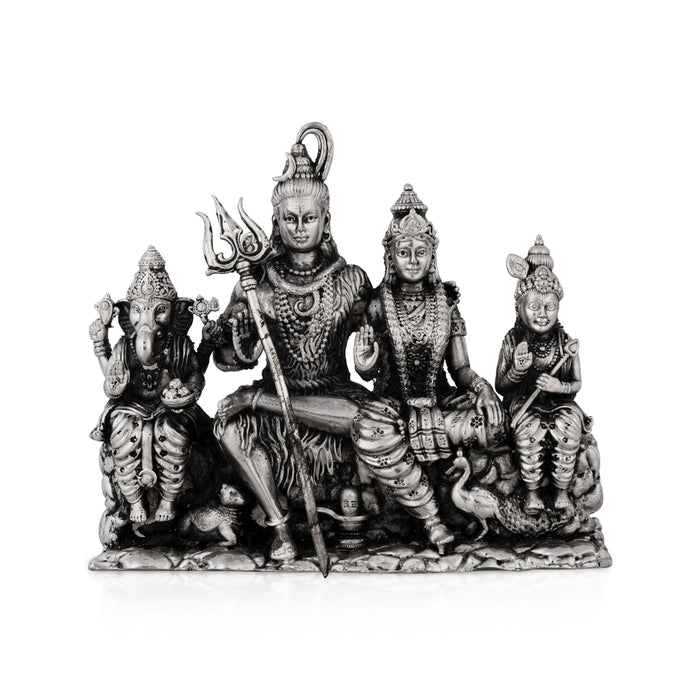 Shiv Family Murti Sitting On Base - 4 x 5 Inches | German Silver/Antique Polish Shiva Family Statue for Worship - German Silver Murties