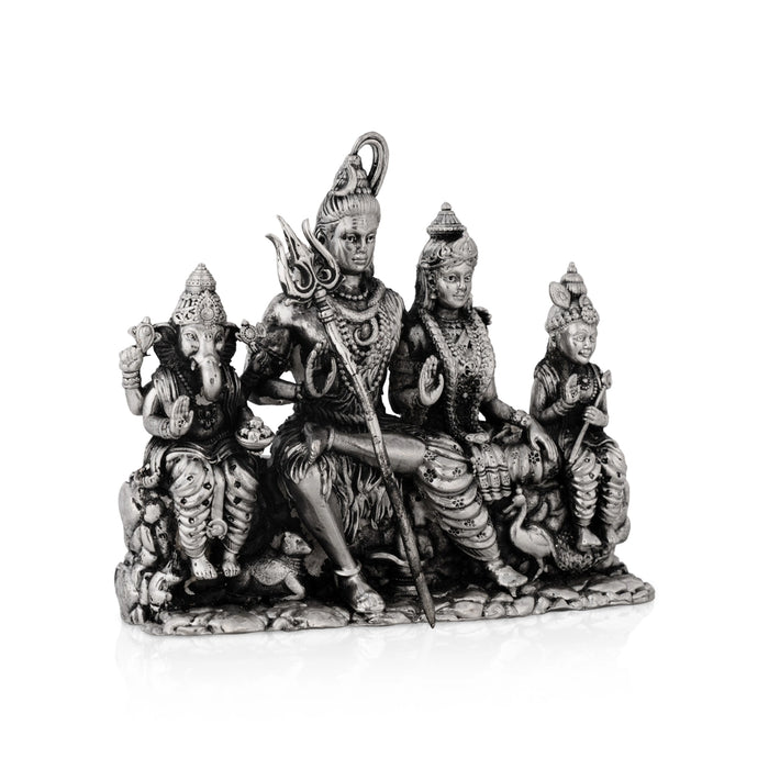 Shiv Family Murti Sitting On Base - 4 x 5 Inches | German Silver/Antique Polish Shiva Family Statue for Worship - German Silver Murties