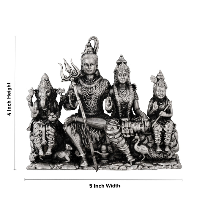 Shiv Family Murti Sitting On Base - 4 x 5 Inches | German Silver/Antique Polish Shiva Family Statue for Worship - German Silver Murties