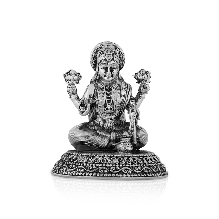 Lakshmi Idol Sitting On Base - 3 x 2.5 Inches | German Silver Laxmi Idol/ Antique Polish Lakshmi Murti for Worship - German Silver Murties